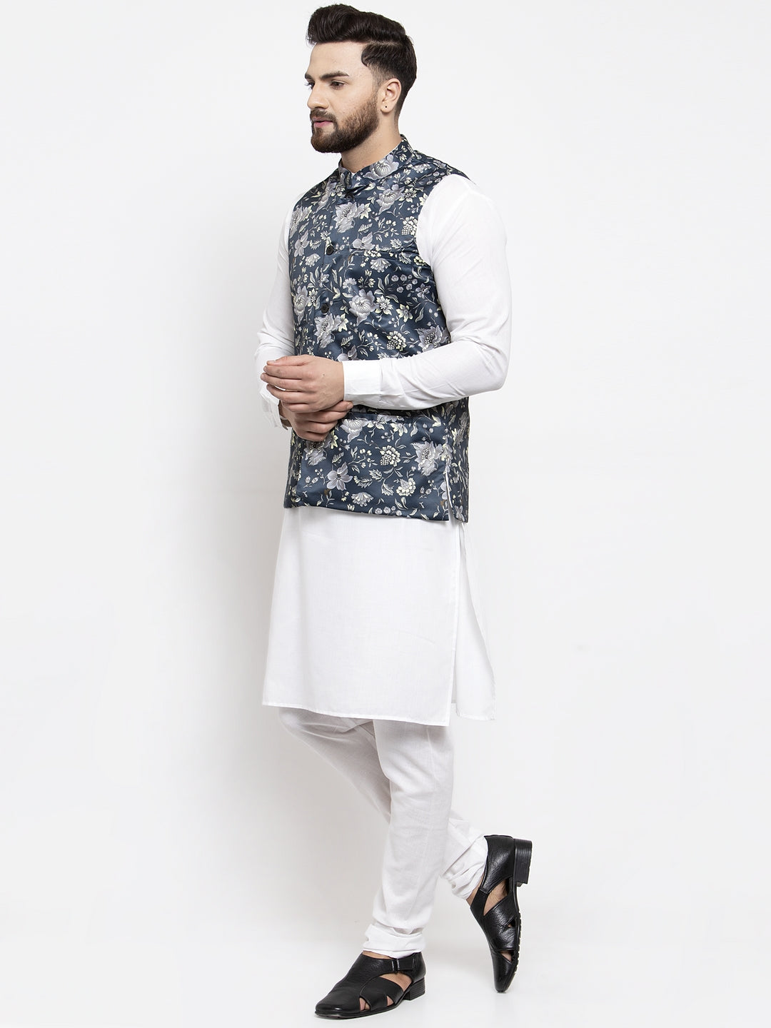 Mens Kurta Pajama Set - Blue Printed Waistcoat | Cotton Kurta ...