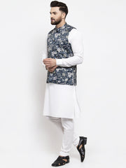 Men's Solid Cotton Kurta Pajama with Printed Waistcoat-Blue