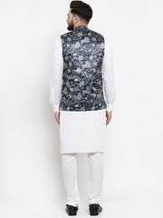 Men's Solid Cotton Kurta Pajama with Printed Waistcoat-Blue