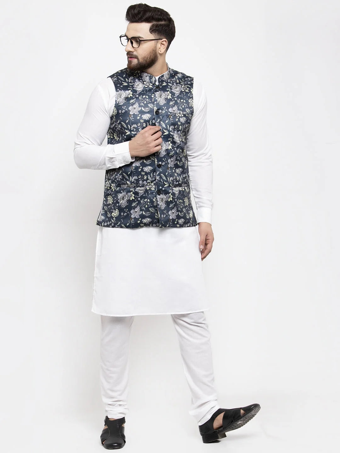 Mens Kurta Pajama Set - Blue Printed Waistcoat | Cotton Kurta ...