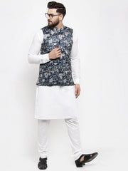 Men's Solid Cotton Kurta Pajama with Printed Waistcoat-Blue