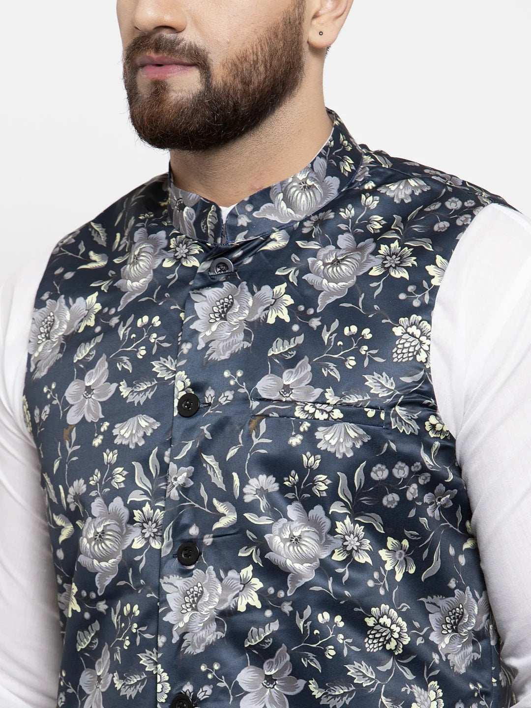 Mens Kurta Pajama Set - Blue Printed Waistcoat | Cotton Kurta ...