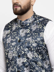 Men's Solid Cotton Kurta Pajama with Printed Waistcoat-Blue