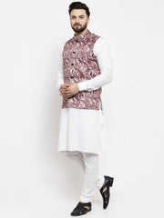 Men's Solid Cotton Kurta Pajama with Printed Waistcoat-Pink