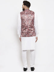 Men's Solid Cotton Kurta Pajama with Printed Waistcoat-Pink