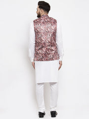 Men's Solid Cotton Kurta Pajama with Printed Waistcoat-Pink