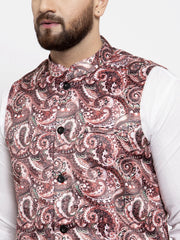 Men's Solid Cotton Kurta Pajama with Printed Waistcoat-Pink