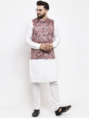 Men's Solid Cotton Kurta Pajama with Printed Waistcoat-Pink