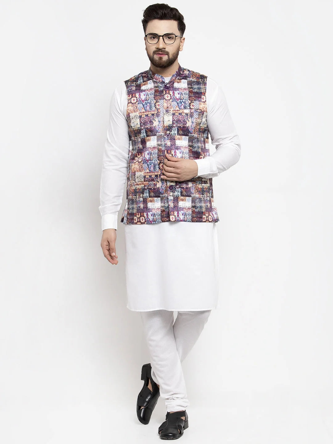 Men's Solid Cotton Kurta Pajama with Printed Waistcoat-Grey Dark