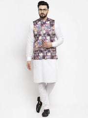 Men's Solid Cotton Kurta Pajama with Printed Waistcoat-Grey Dark