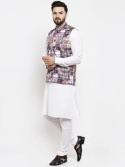 Men's Solid Cotton Kurta Pajama with Printed Waistcoat-Grey Dark