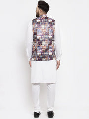 Men's Solid Cotton Kurta Pajama with Printed Waistcoat-Grey Dark