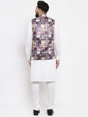Men's Solid Cotton Kurta Pajama with Printed Waistcoat-Grey Dark