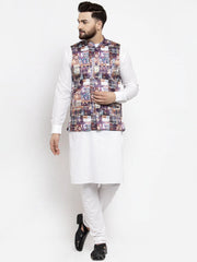 Men's Solid Cotton Kurta Pajama with Printed Waistcoat-Grey Dark