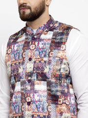 Men's Solid Cotton Kurta Pajama with Printed Waistcoat-Grey Dark