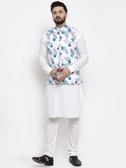 Men's Solid Cotton Kurta Pajama with Printed Waistcoat-Grey