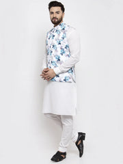 Men's Solid Cotton Kurta Pajama with Printed Waistcoat-Grey