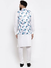 Men's Solid Cotton Kurta Pajama with Printed Waistcoat-Grey
