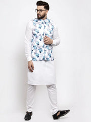 Men's Solid Cotton Kurta Pajama with Printed Waistcoat-Grey
