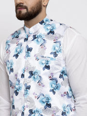 Men's Solid Cotton Kurta Pajama with Printed Waistcoat-Grey