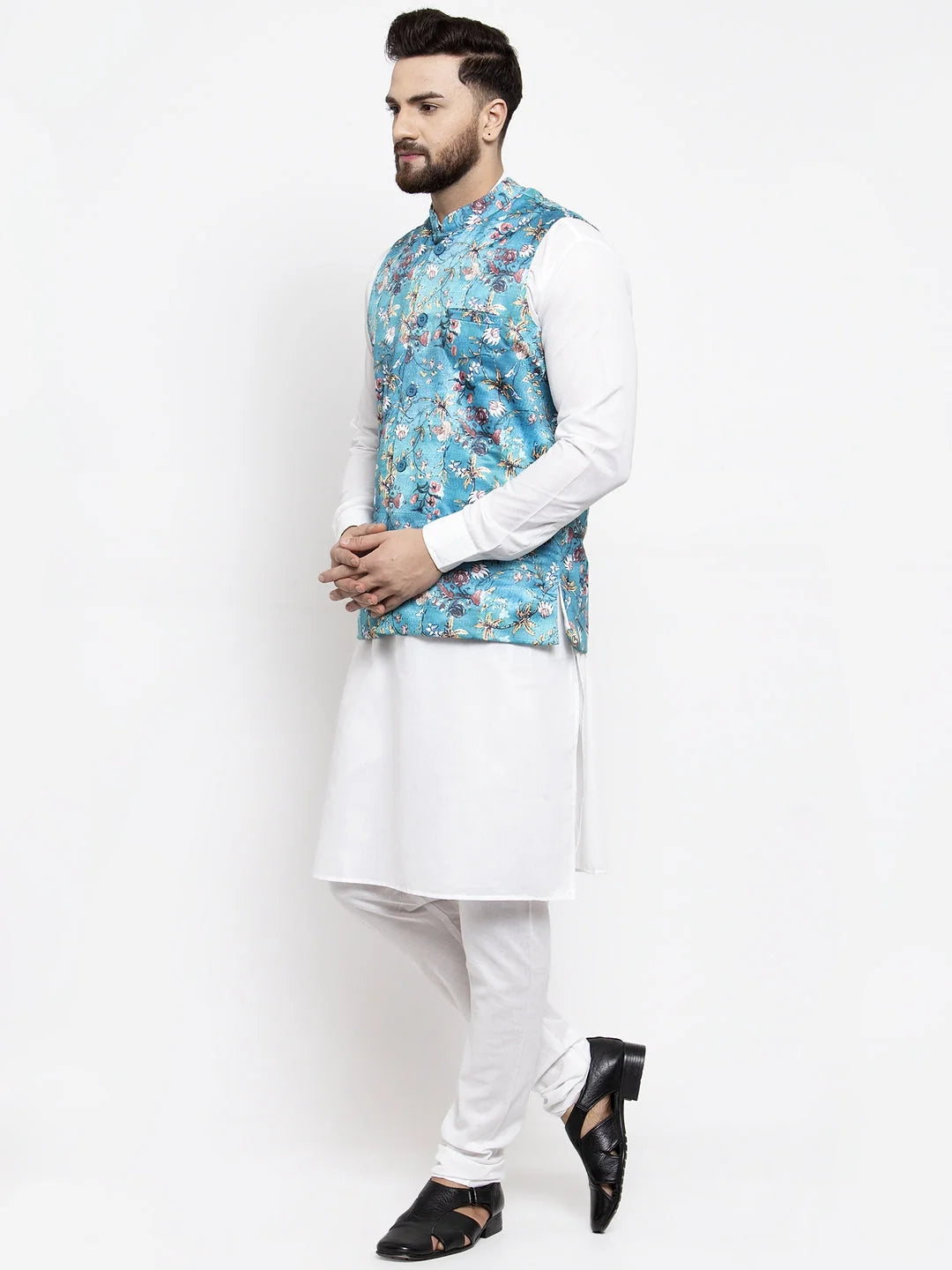 Blue Lit Mens Kurta Pajama Set | Cotton Kurta with Waistcoat