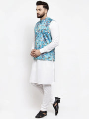 Men's Solid Cotton Kurta Pajama with Printed Waistcoat-Blue Lit