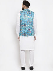 Men's Solid Cotton Kurta Pajama with Printed Waistcoat-Blue Lit