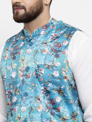 Men's Solid Cotton Kurta Pajama with Printed Waistcoat-Blue Lit