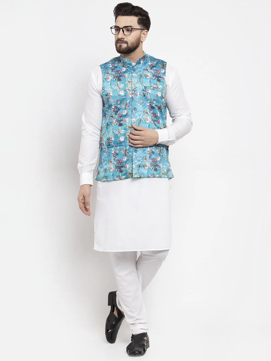 Blue Lit Mens Kurta Pajama Set | Cotton Kurta with Waistcoat