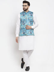 Men's Solid Cotton Kurta Pajama with Printed Waistcoat-Blue Lit