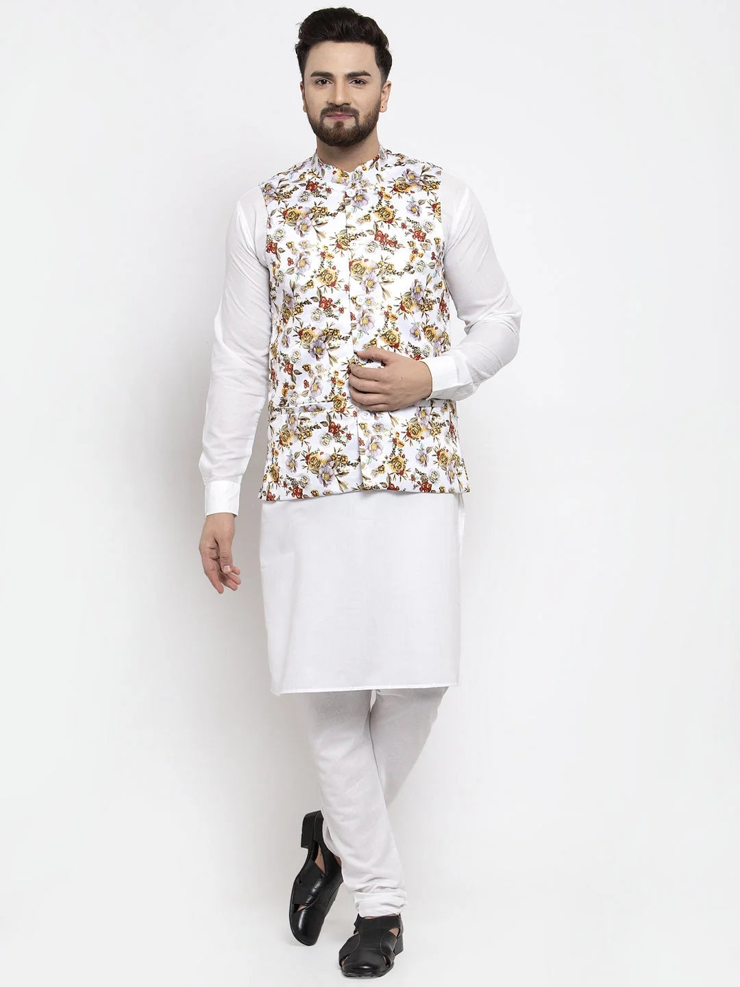 Men's Solid Offer Cotton Kurta Pajama with Printed Waistcoat