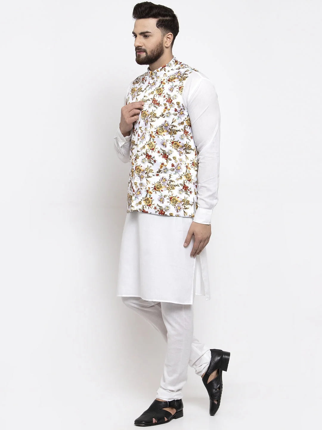 Mens Kurta Pajama Set with Printed Waistcoat | Cotton Kurta