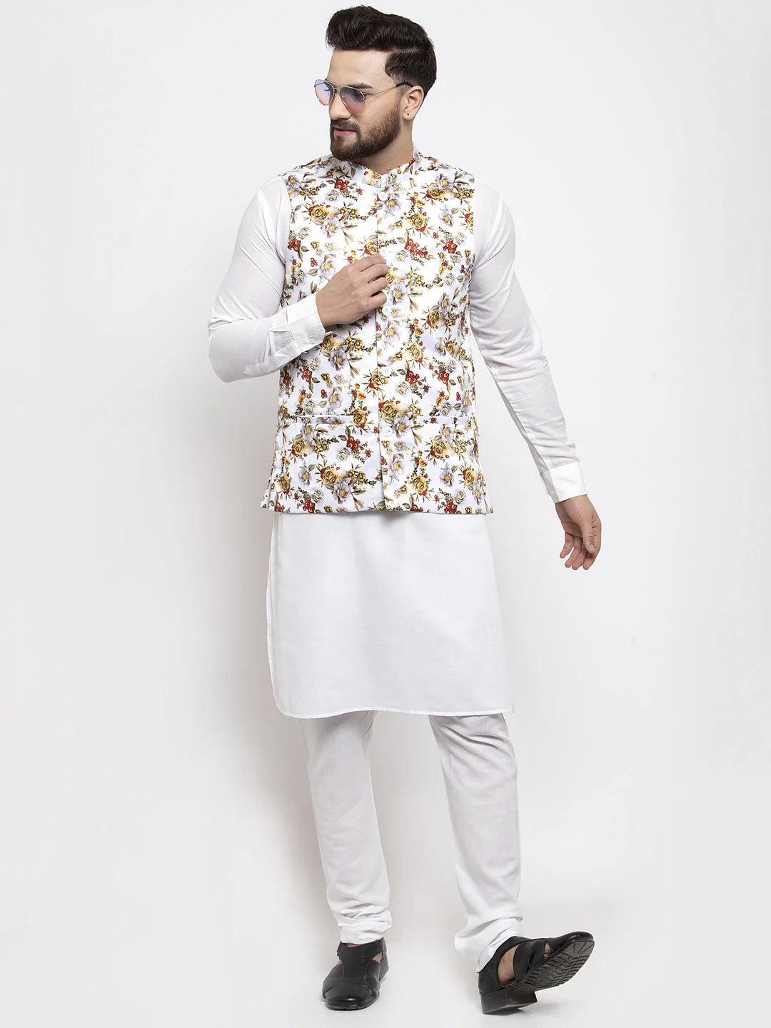 Mens Kurta Pajama Set with Printed Waistcoat | Cotton Kurta