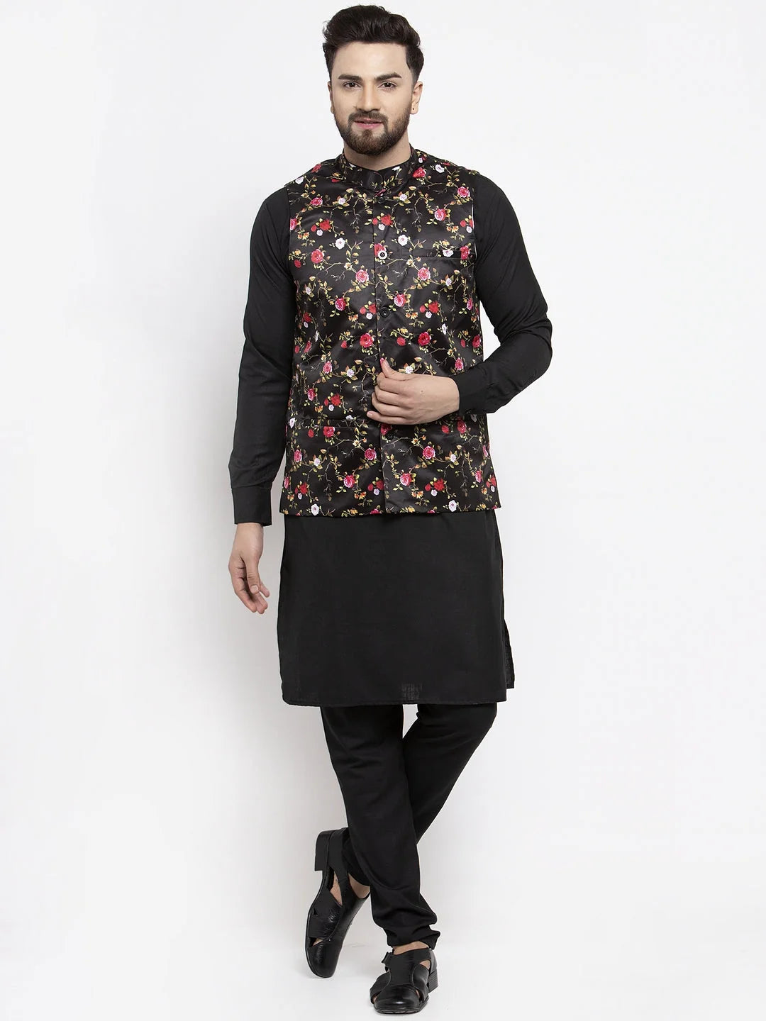 Black Cotton Kurta Pajama Set with Printed Waistcoat for Men