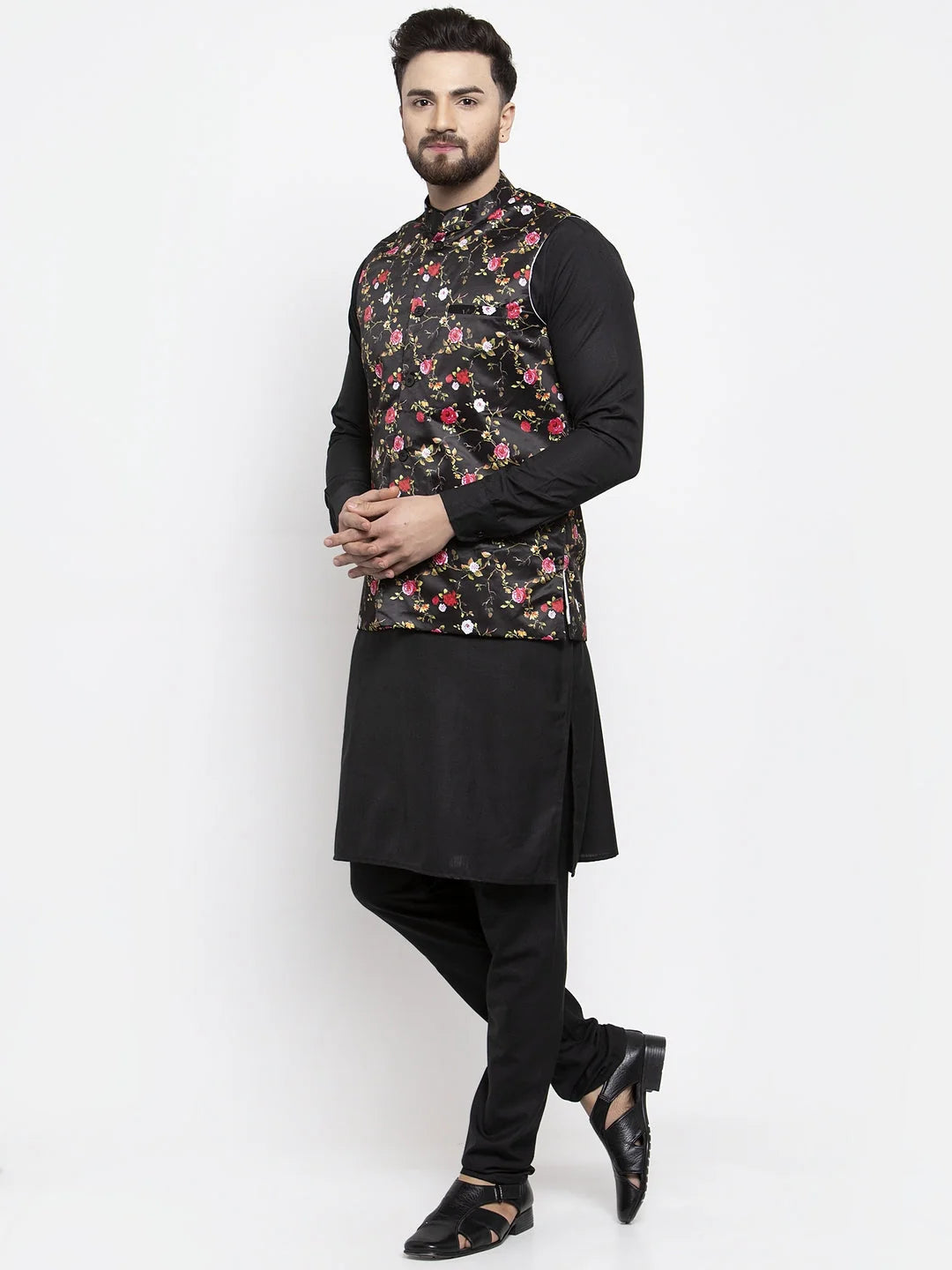 Black Cotton Kurta Pajama Set with Printed Waistcoat for Men