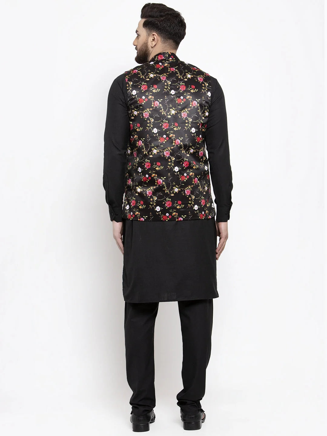 Black Cotton Kurta Pajama Set with Printed Waistcoat for Men