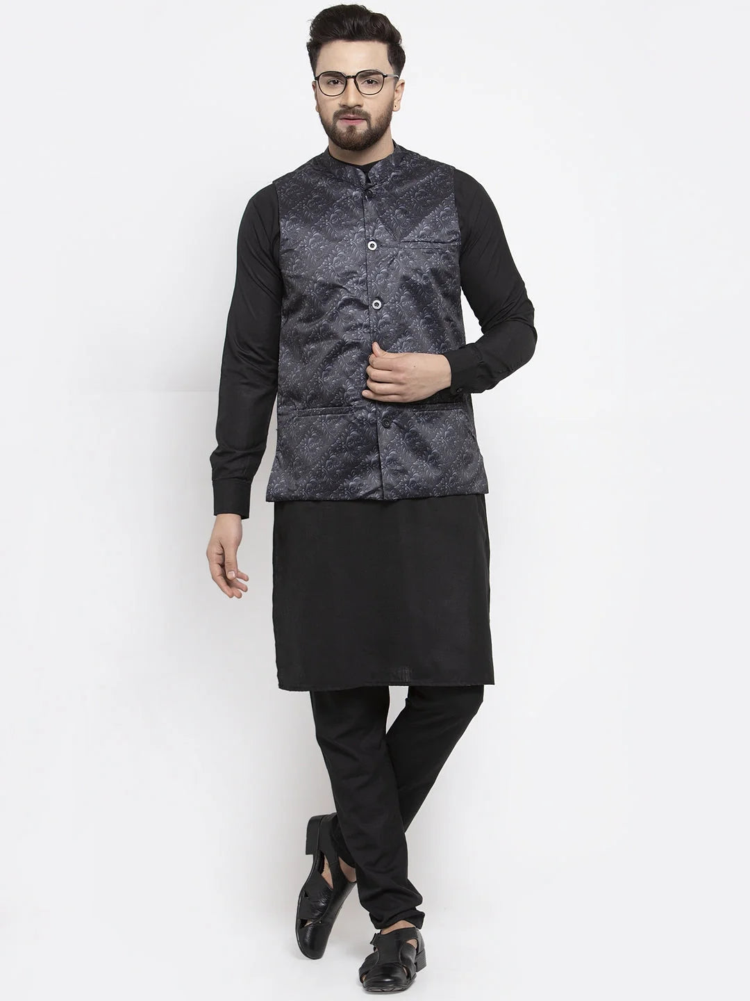 Men's Solid Cotton Kurta Pajama with Great Printed Waistcoat
