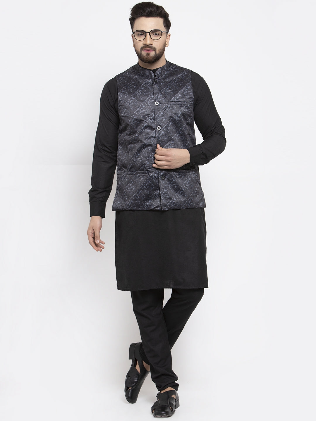 Men's Cotton Kurta Pajama with Charcoal Grey Waistcoat | Pathani