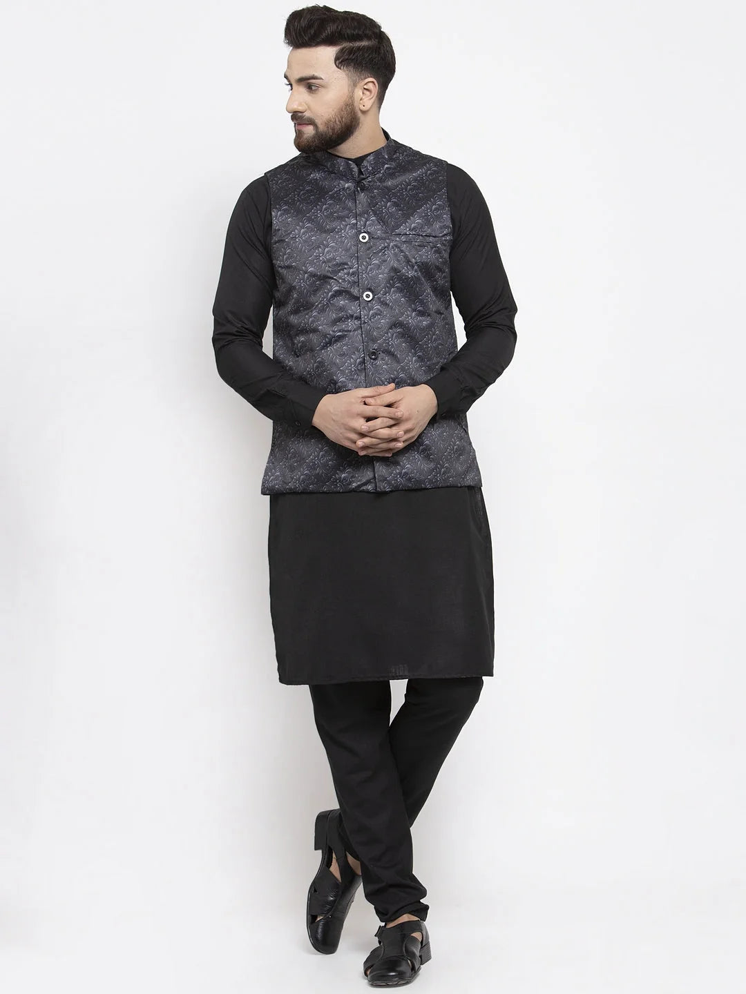 Men's Cotton Kurta Pajama with Charcoal Grey Waistcoat | Pathani
