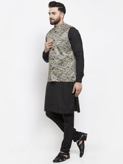 DesiQlo Men's Solid Cotton Kurta Pajama with Printed Waistcoat ( JOKP WC 4059 Golden-B )