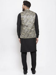 DesiQlo Men's Solid Cotton Kurta Pajama with Printed Waistcoat ( JOKP WC 4059 Golden-B )