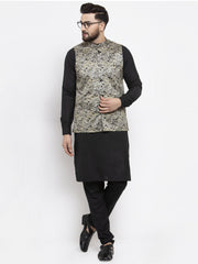 DesiQlo Men's Solid Cotton Kurta Pajama with Printed Waistcoat ( JOKP WC 4059 Golden-B )