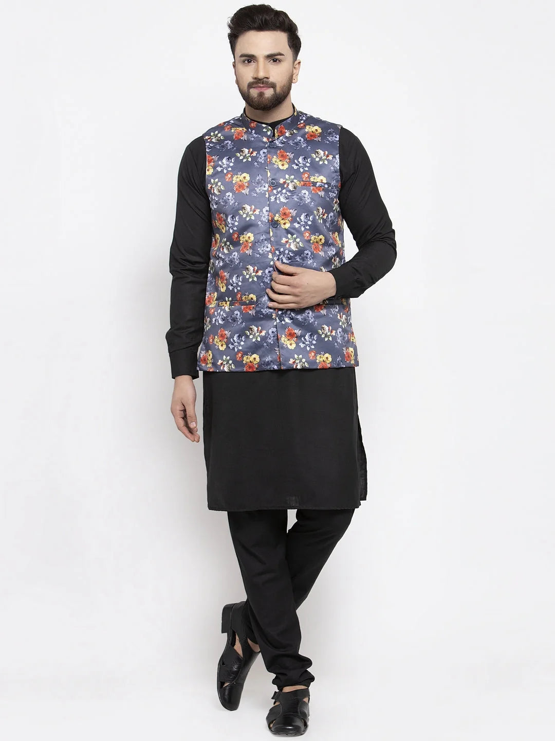 Men's Solid Cotton Kurta Pajama with Grey Printed Waistcoat