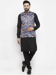 Men's Solid Cotton Kurta Pajama with Grey Printed Waistcoat