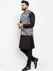 Men's Solid Cotton Kurta Pajama with Grey Printed Waistcoat