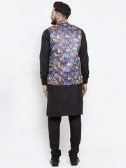 Men's Solid Cotton Kurta Pajama with Grey Printed Waistcoat