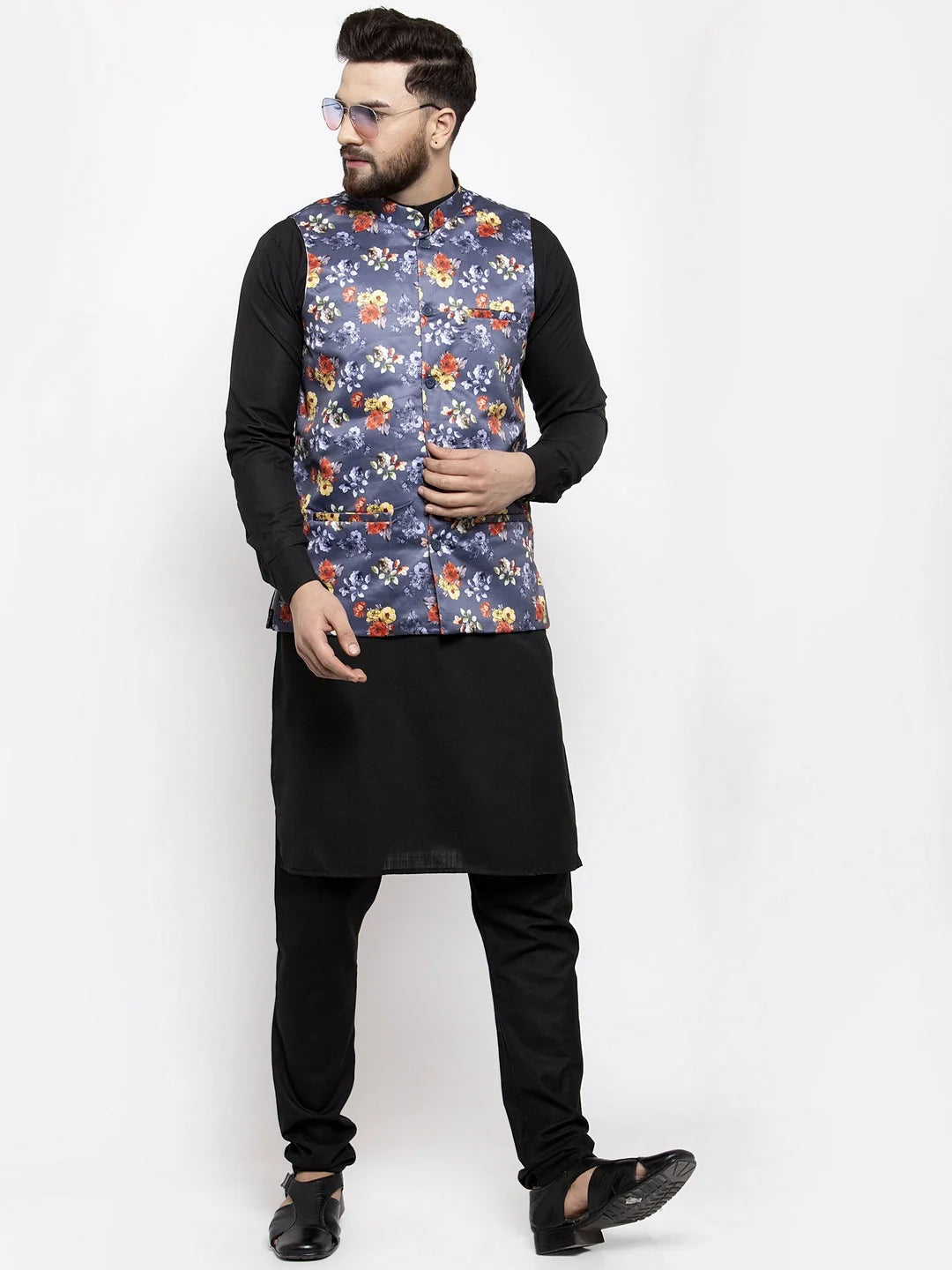 Men's Kurta Pajama Set with Grey Waistcoat | Cotton Pathani Suit