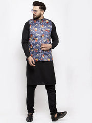 Men's Solid Cotton Kurta Pajama with Grey Printed Waistcoat