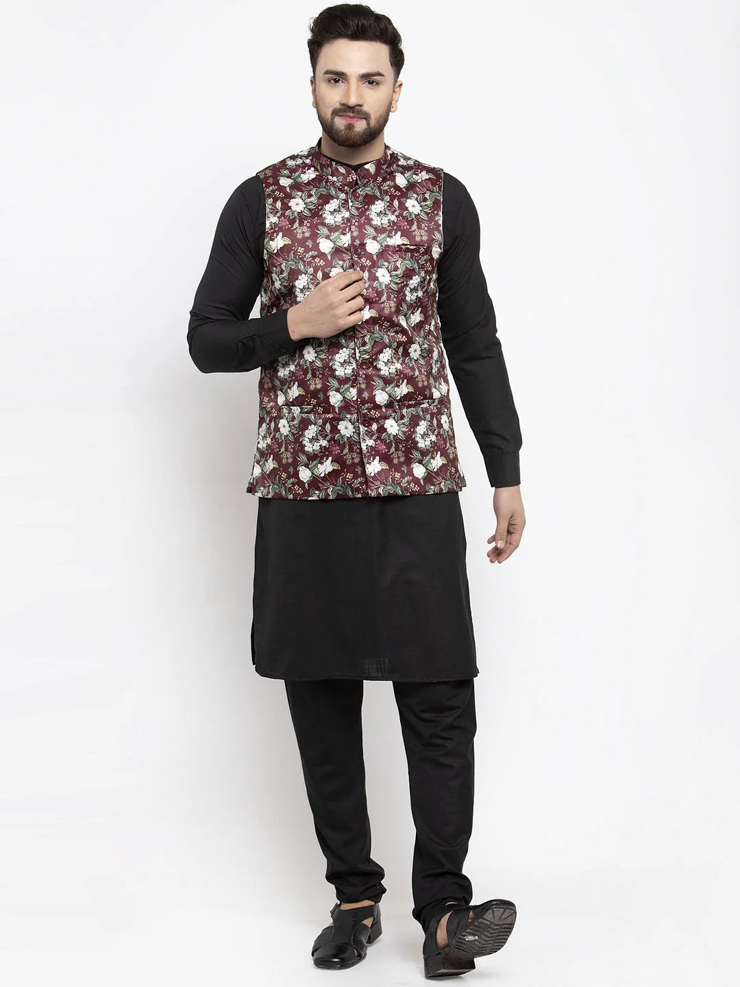 Men's Solid Cotton Kurta Pajama with Maroon Printed Waistcoat