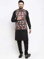 Men's Solid Cotton Kurta Pajama with Maroon Printed Waistcoat